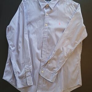 Ralph Lauren Blue and White Stripe Dress Shirt with Pink Polo Emblem